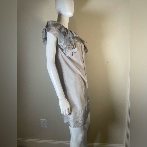 Floreat Anthropologie Gray Silver Silk Ruffle Sleeve Shift Dress Sz 4 Pintuck. - Picture 4 of 15